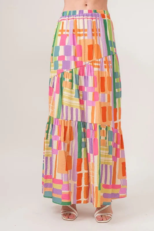 And The Why Asymmetric Geo Printed Tiered Maxi Skirt - Fashorio
