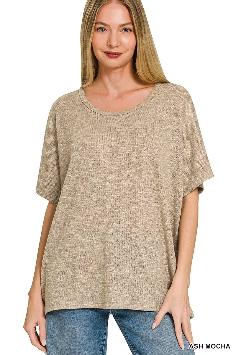 Zenana oversized slub hacci top in ash mocha front view