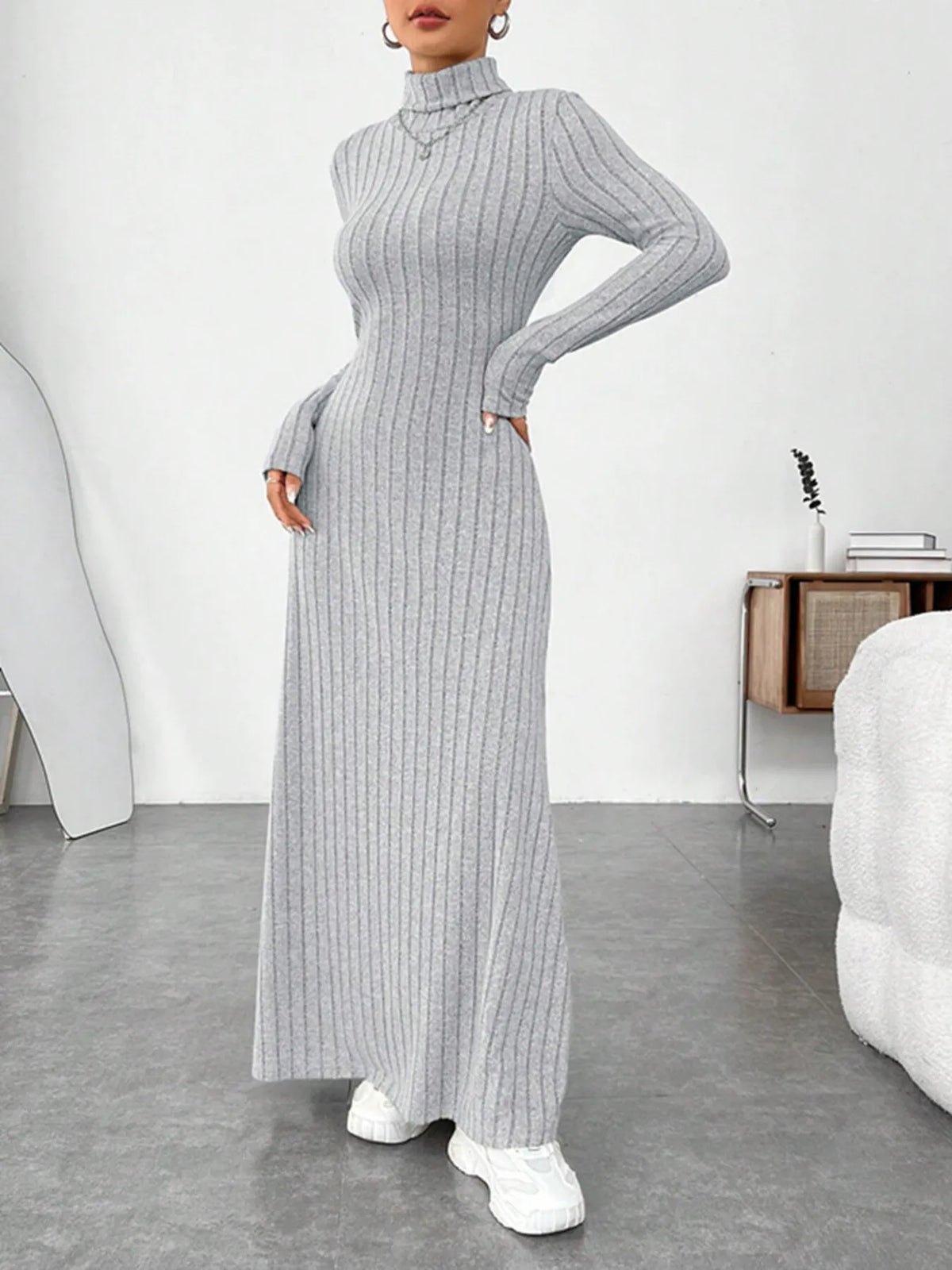 Gray Ribbed turtleneck maxi sweater dress, side profile view