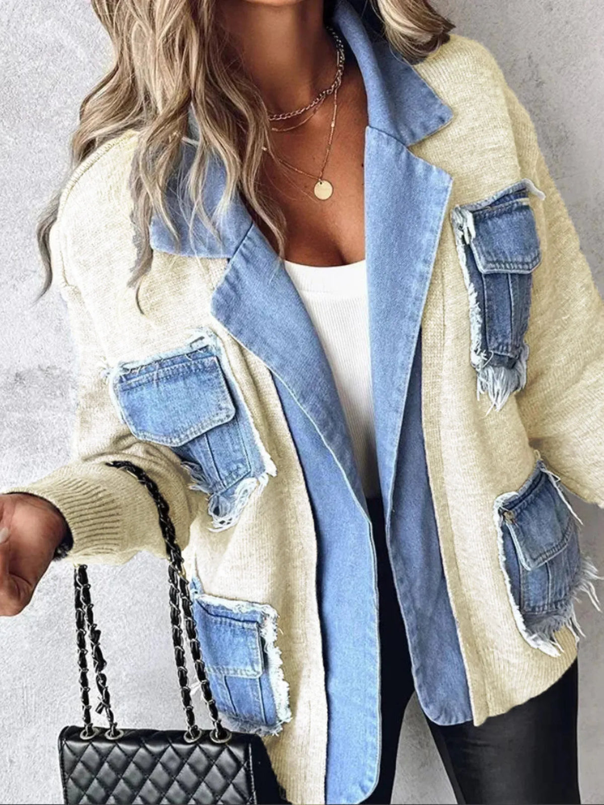 raw hem patchwork pocket cardigan flat lay view