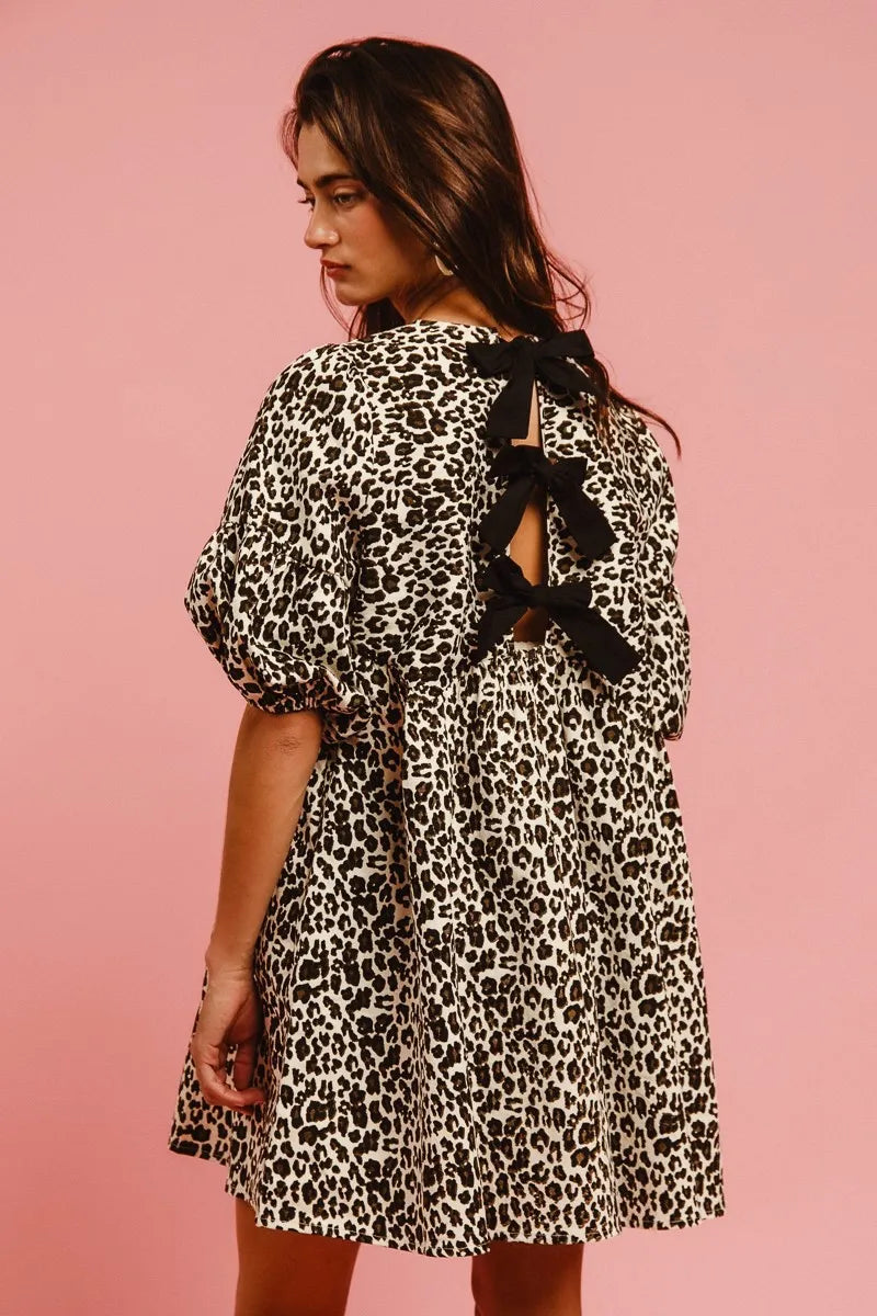 BiBi Leopard Denim Dress With Back Contrast Tie Detail - Fashorio