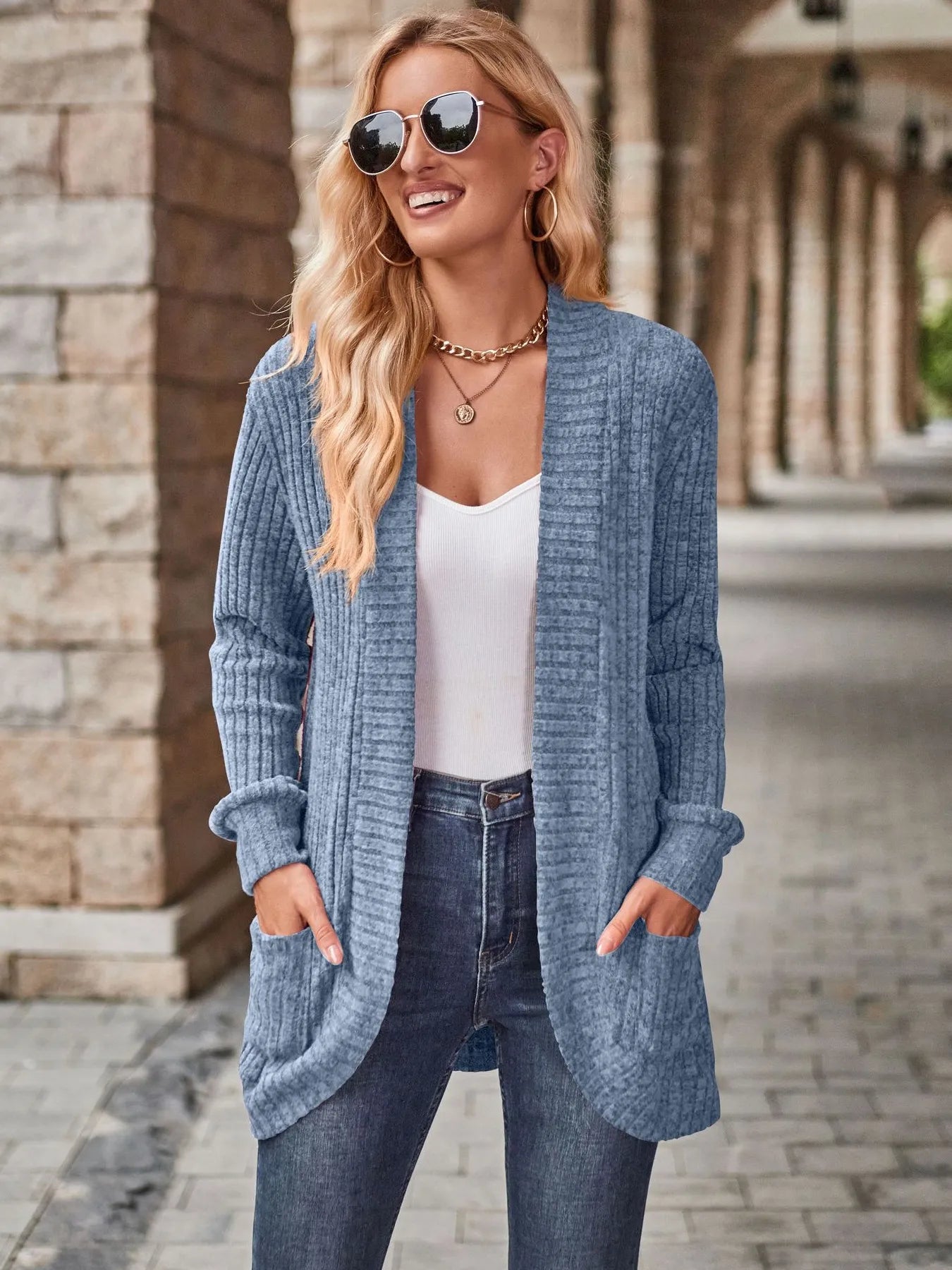 Ribbed Open Front Long Cardigan with Pockets Sky Blue - Fashorio