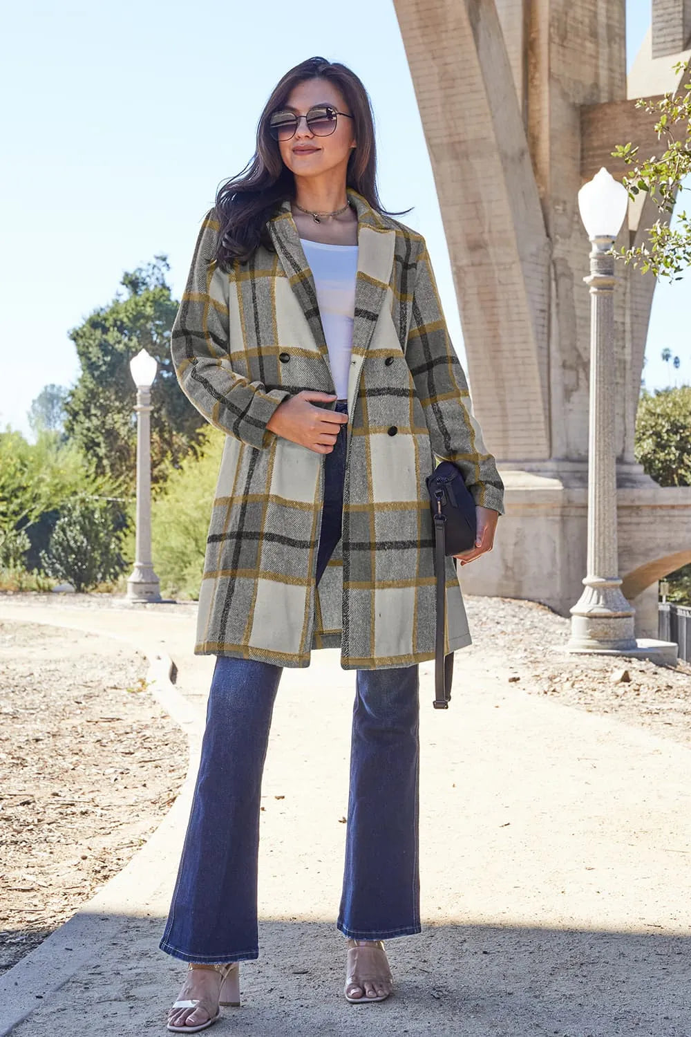 Plaid Button Up Lapel Collar Coat, view 26