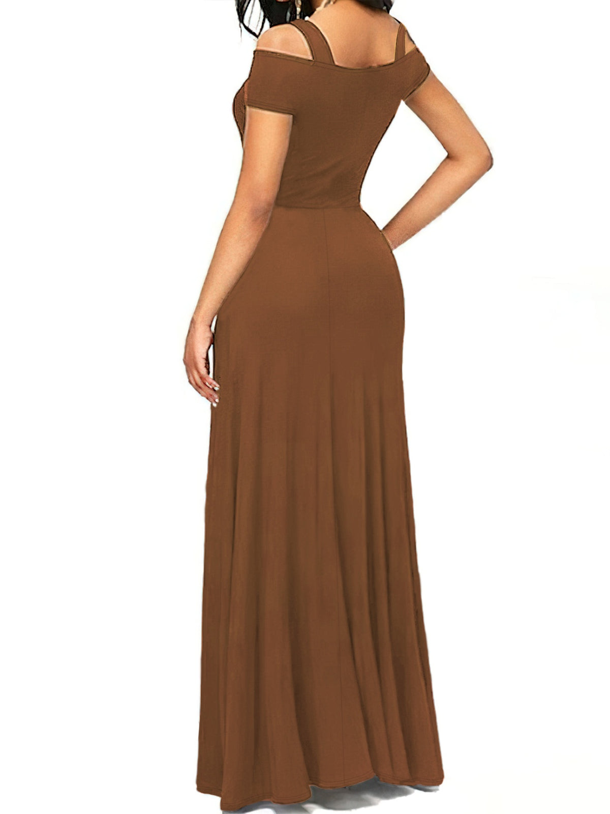 off shoulder slit maxi dress hem and length detail