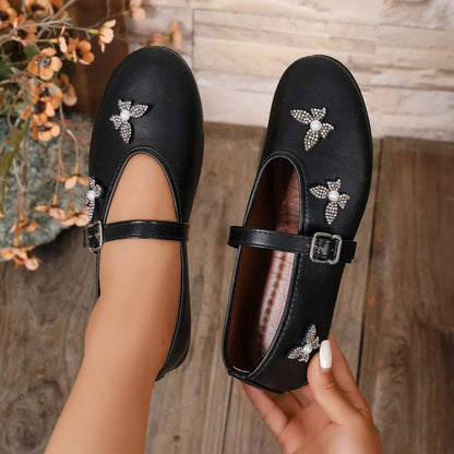 Butterfly Embellished Mary Jane Loafers Black - Fashorio