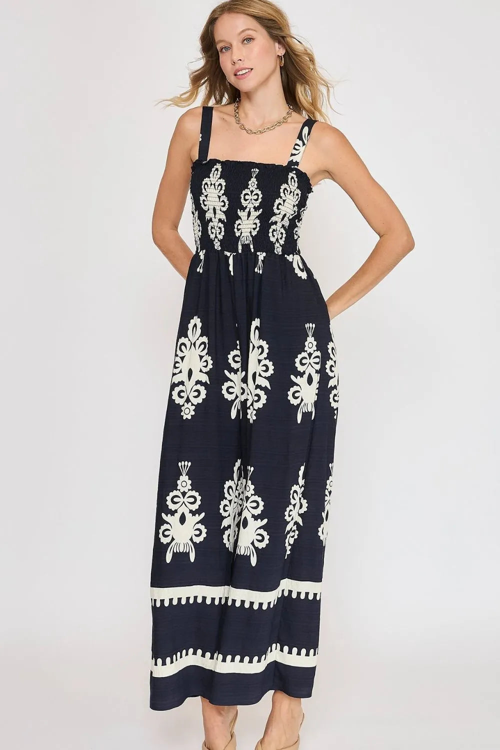 Smocked Printed Wide Leg Jumpsuit