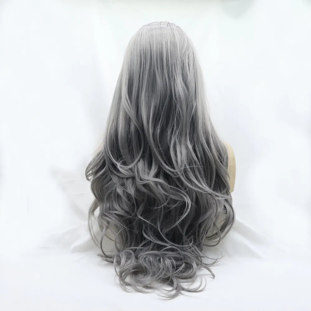 Side view of 24 inch grey wavy synthetic wig
