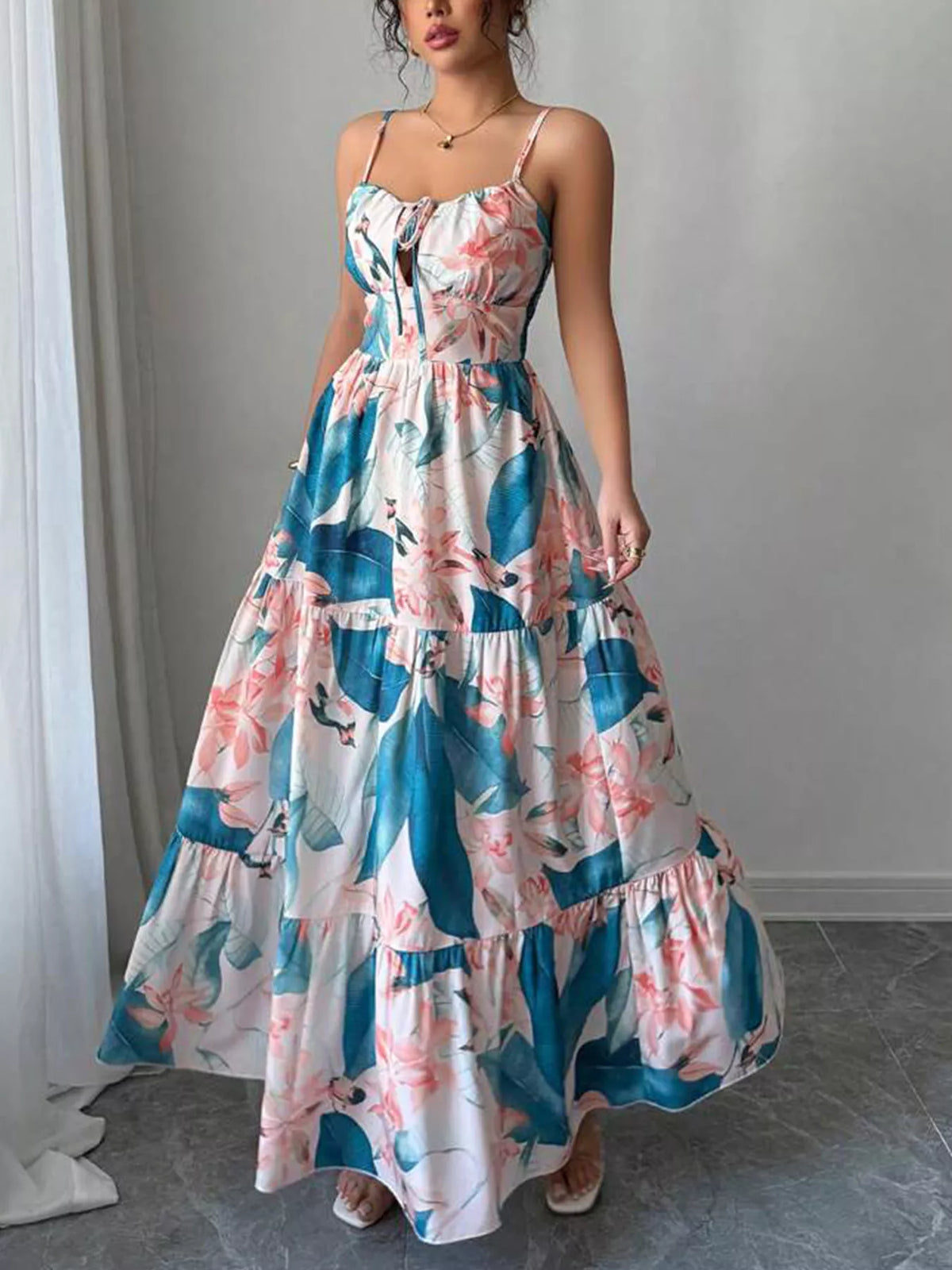 Floral print tiered maxi cami dress front view
