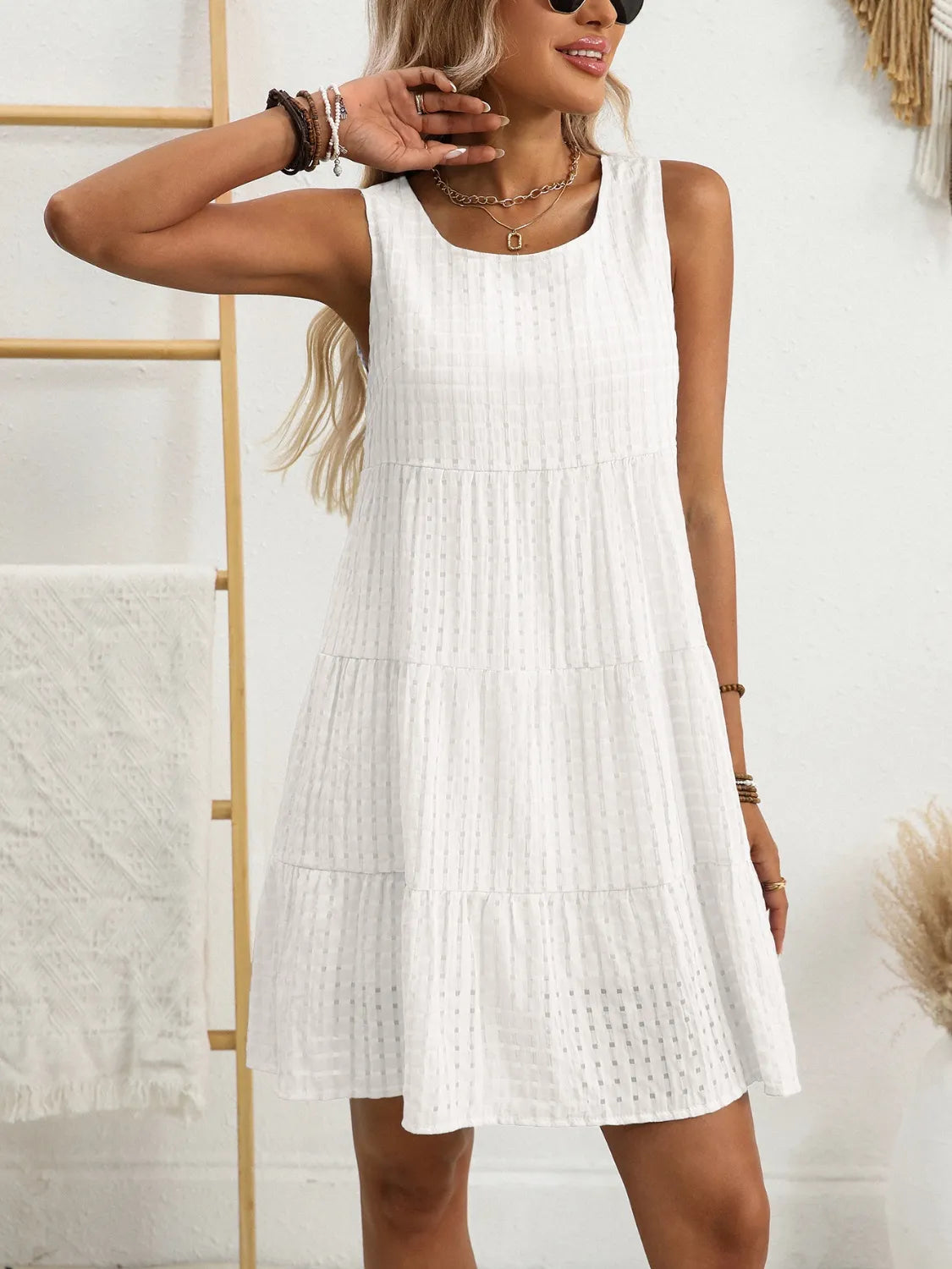 Plaid Round Neck Sleeveless Mini Dress in Light Blue view 9