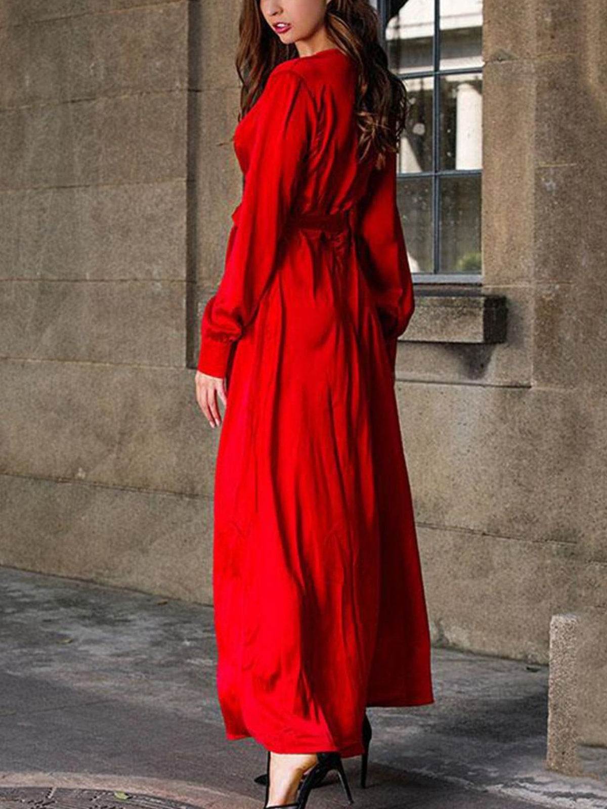Plus size surplice long sleeve slit maxi dress full length view