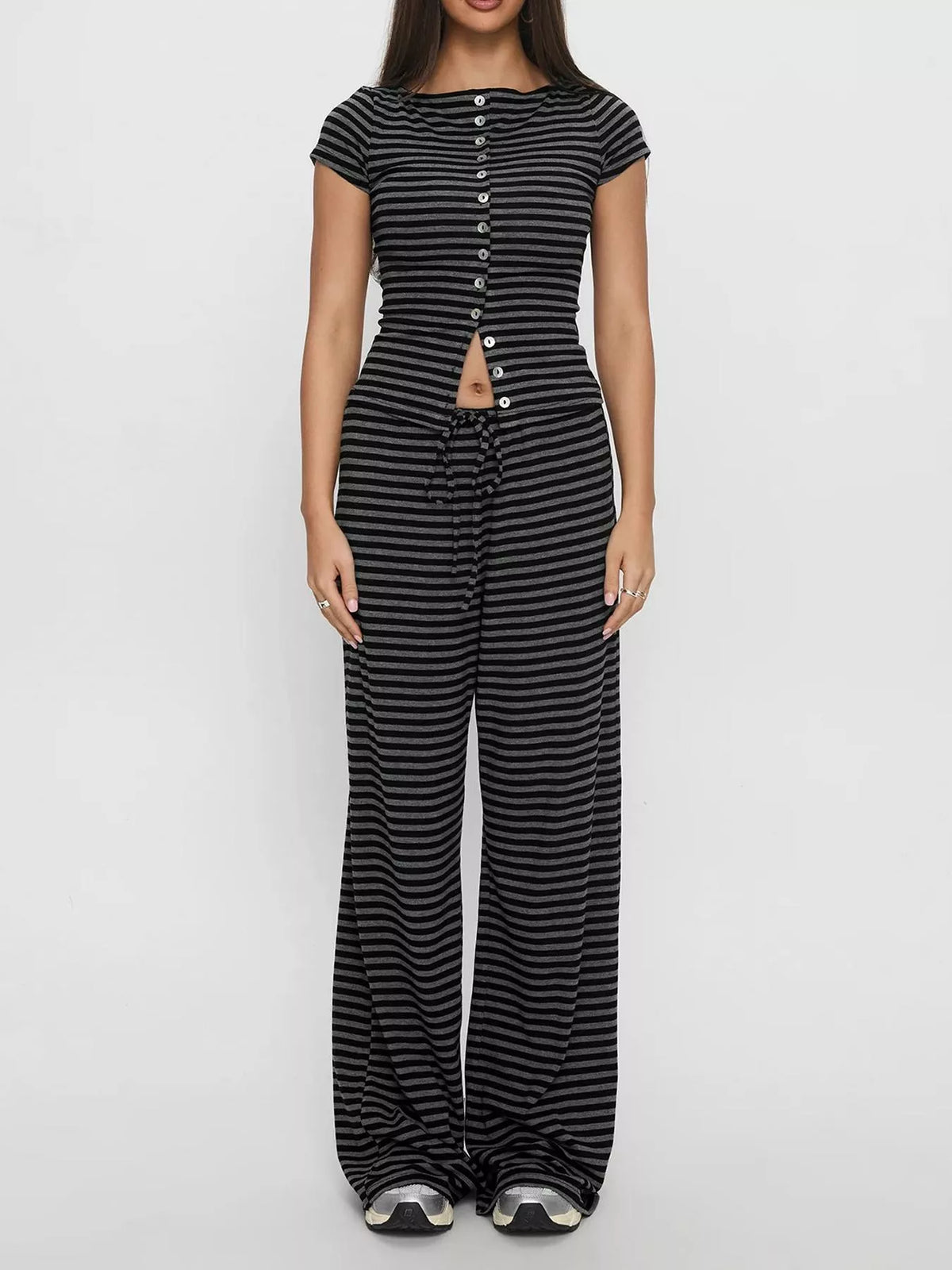 Striped Button Down Top and Wide Leg Pants Set, view 5
