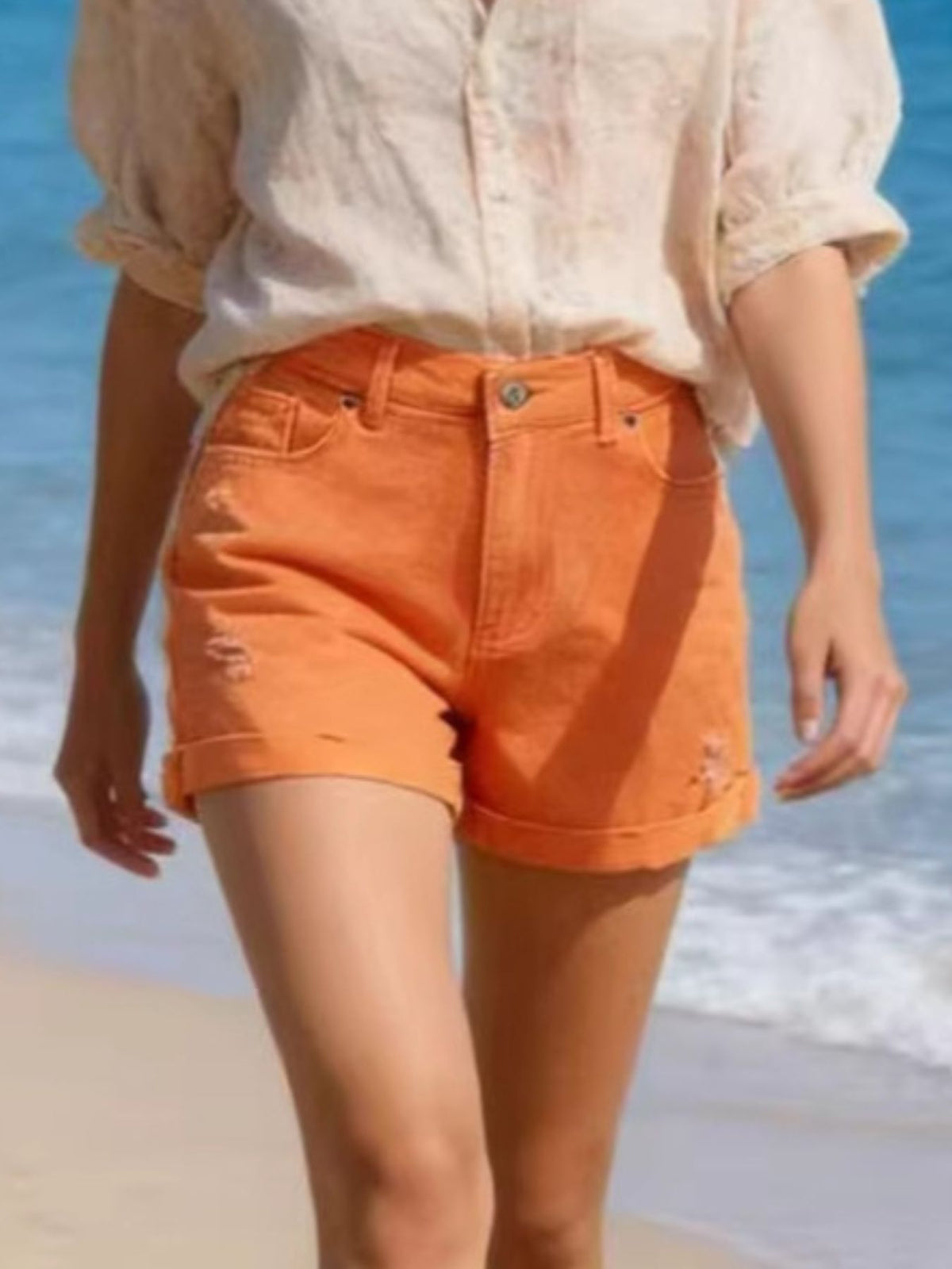 Distressed high waisted denim shorts alternate front view