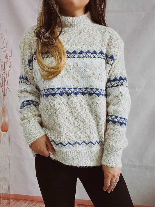 Geometric Mock Neck Dropped Shoulder Sweater Pastel Yellow - Fashorio