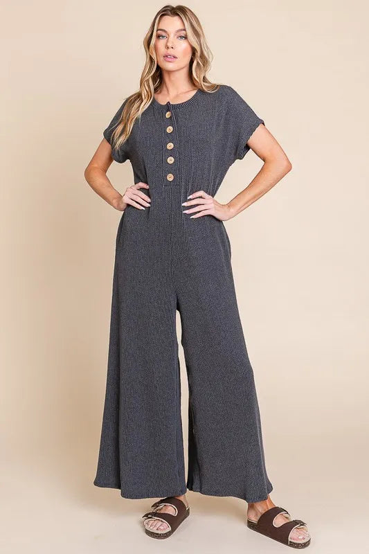 Rib Knit Jumpsuit with Button Detail back view