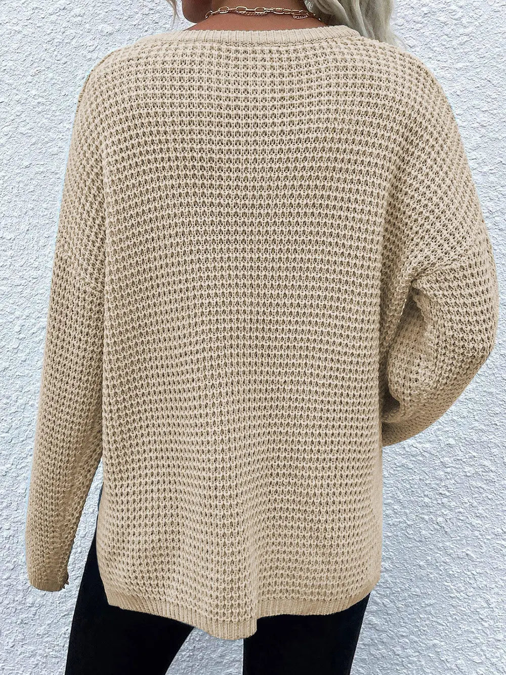 Notched Long Sleeve Sweater - Fashorio