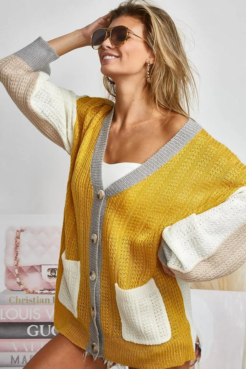 BiBi Color Block Sweater Cardigan with Button Closure - Fashorio