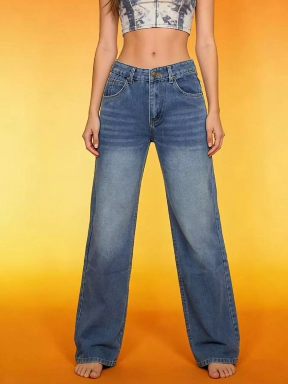 Back view of wide leg vintage wash denim