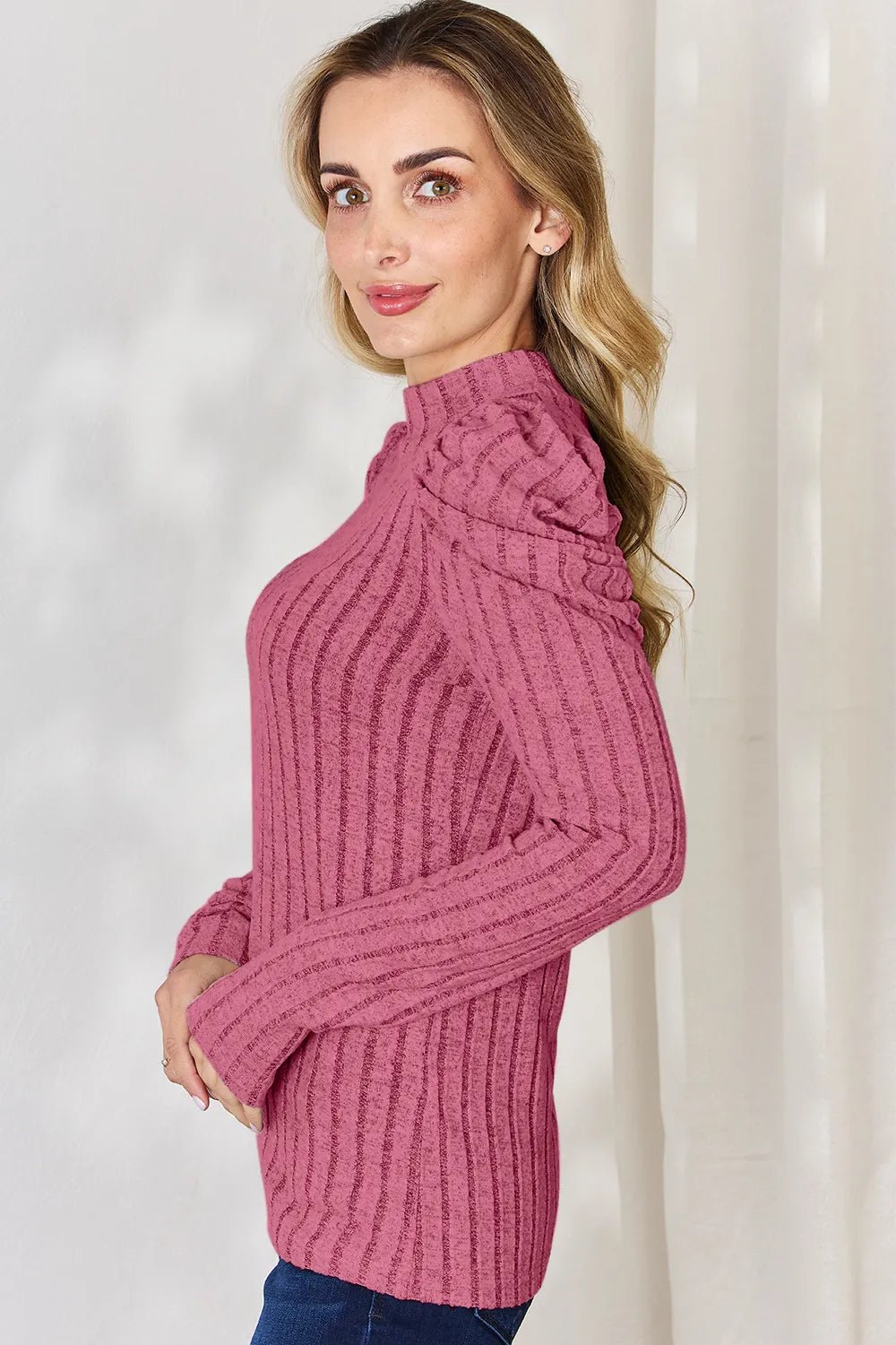 Basic Bae Ribbed Mock Neck Puff Sleeve Top, view 34