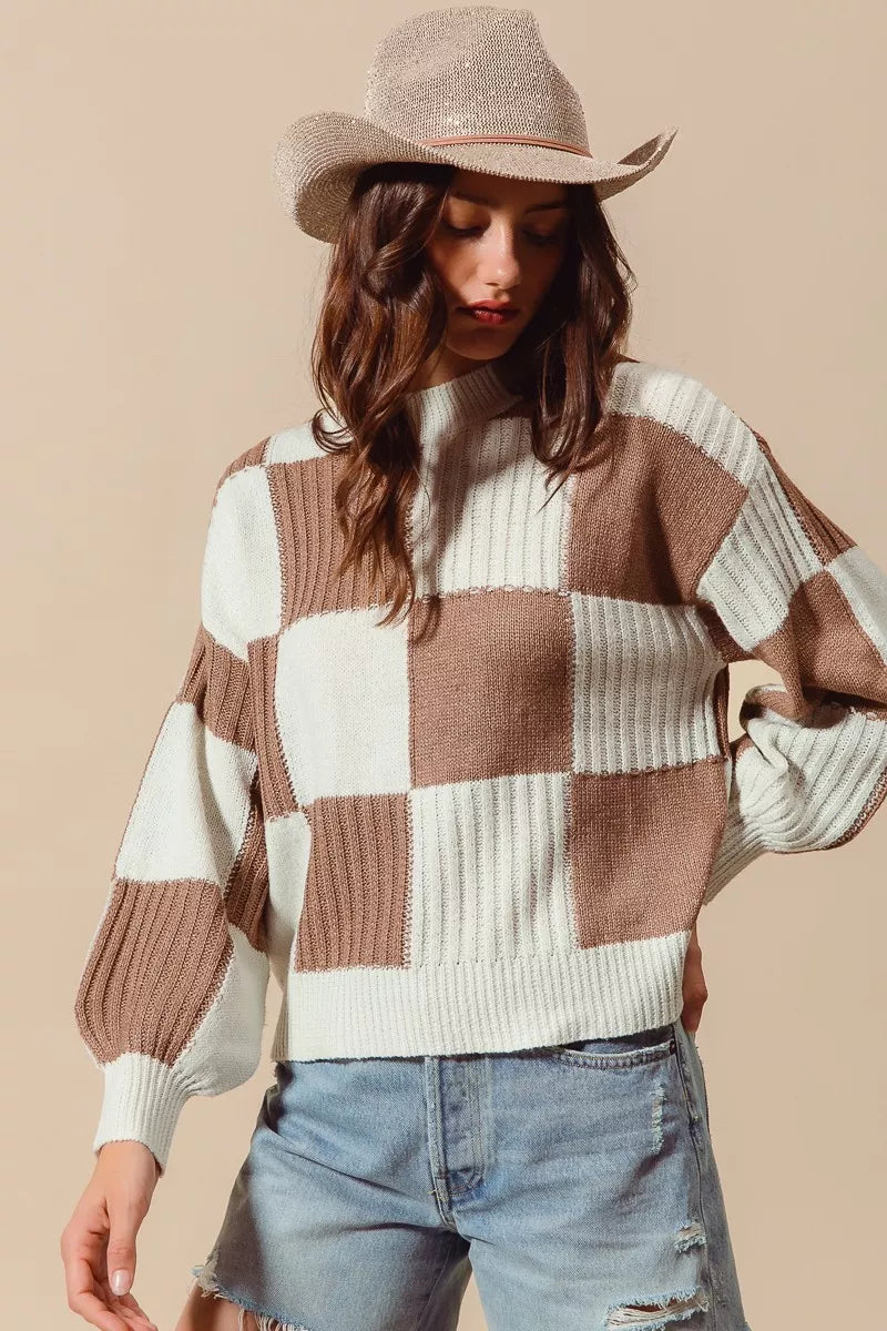 Ribbed Checkered Plaid Color Block Sweater in Coffee and Ivory back view