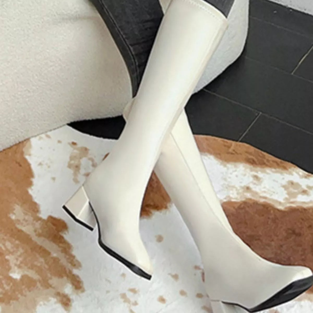 Square toe block heel boots in White, front view