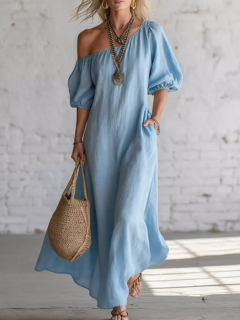 One shoulder puff sleeve maxi dress front view