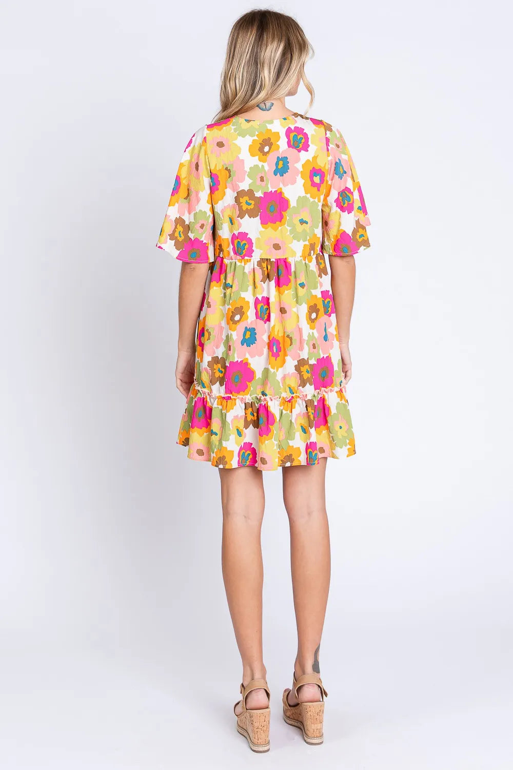 Floral V Neck Ruffle Hem Mini Dress styled look