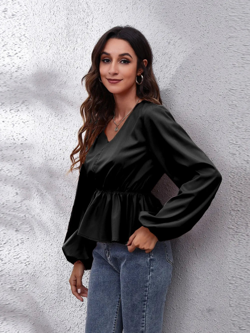 V-Neck Balloon Sleeve Peplum Blouse - Fashorio