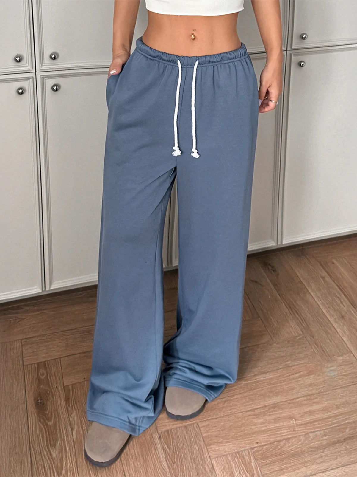 Blue wide leg pants back view
