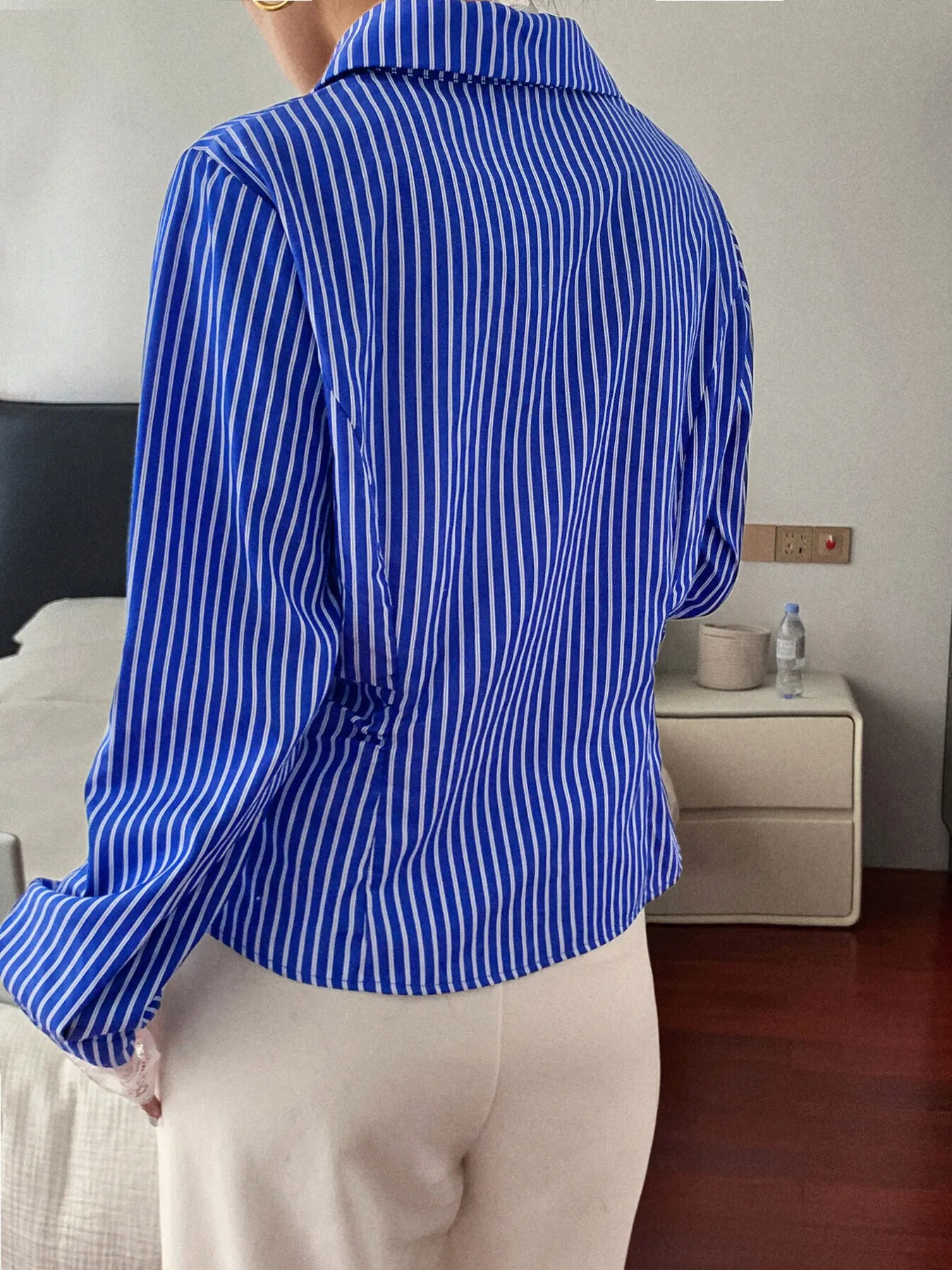 Striped Button-Down Shirt with Lace Detail - Fashorio