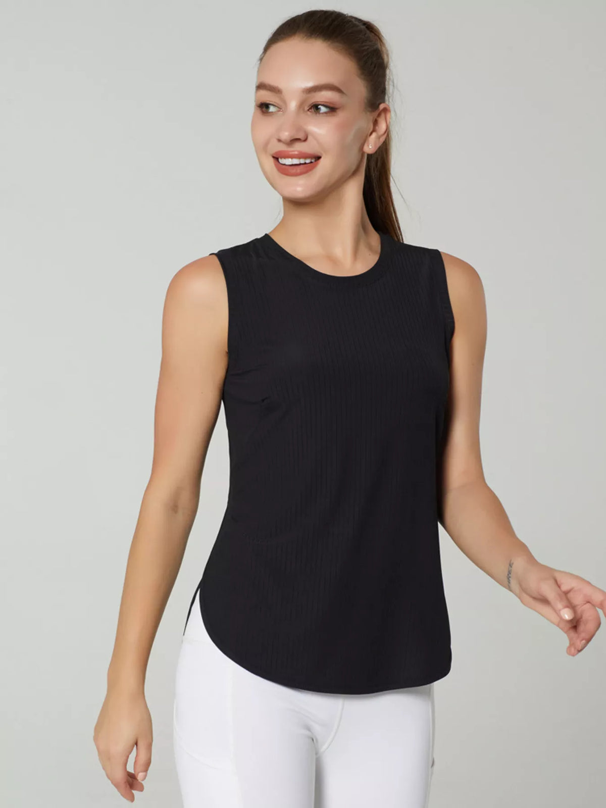 Full length styling view of the ribbed workout tank
