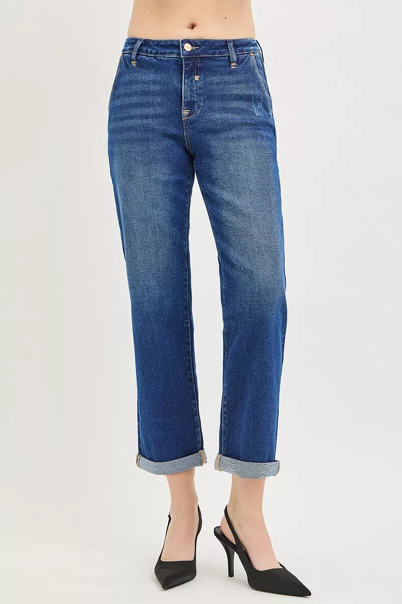 RISEN cropped boyfriend denim cuffed hem detail
