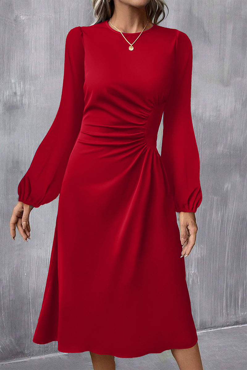 Red ruched long sleeve midi dress front view