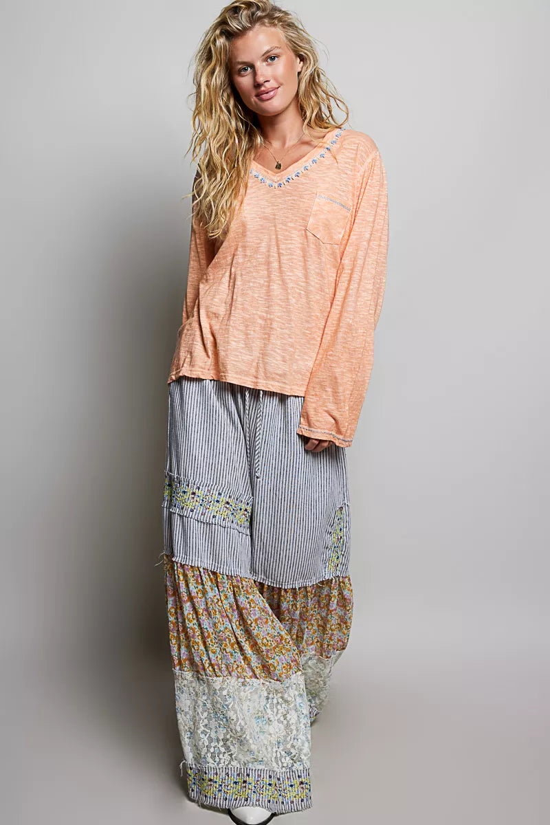Coral peach contrast stitch v neck long sleeve knit top full length view