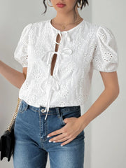 Perfee Tied Eyelet Short Sleeve Bodysuit White - Fashorio