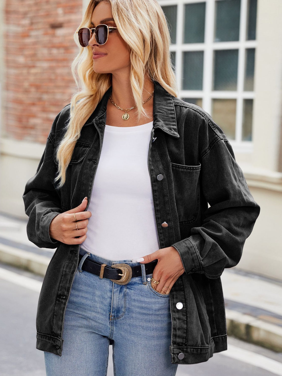 Button Up Denim Jacket with Pockets - Fashorio