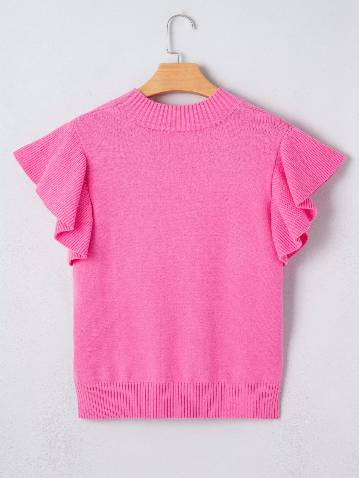 Pink ruffle sleeve pullover close up