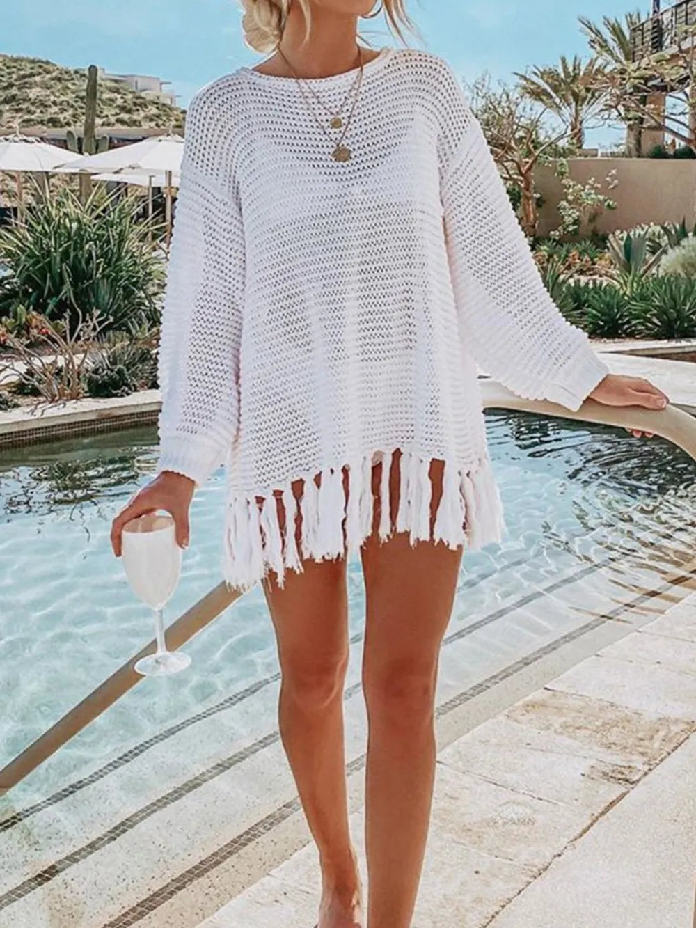 Openwork knit kimono cover up in white