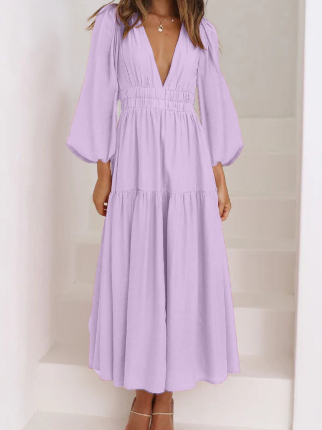 Deep V-Neck Balloon Sleeve Plain Maxi Dress - Fashorio