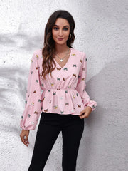 Butterfly V-Neck Balloon Sleeve Peplum Blouse Blush Pink - Fashorio