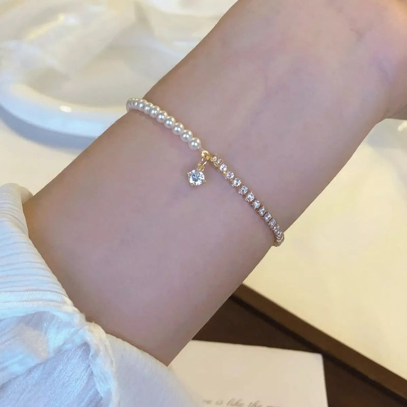 Pearl and zircon gold accent bracelet front view