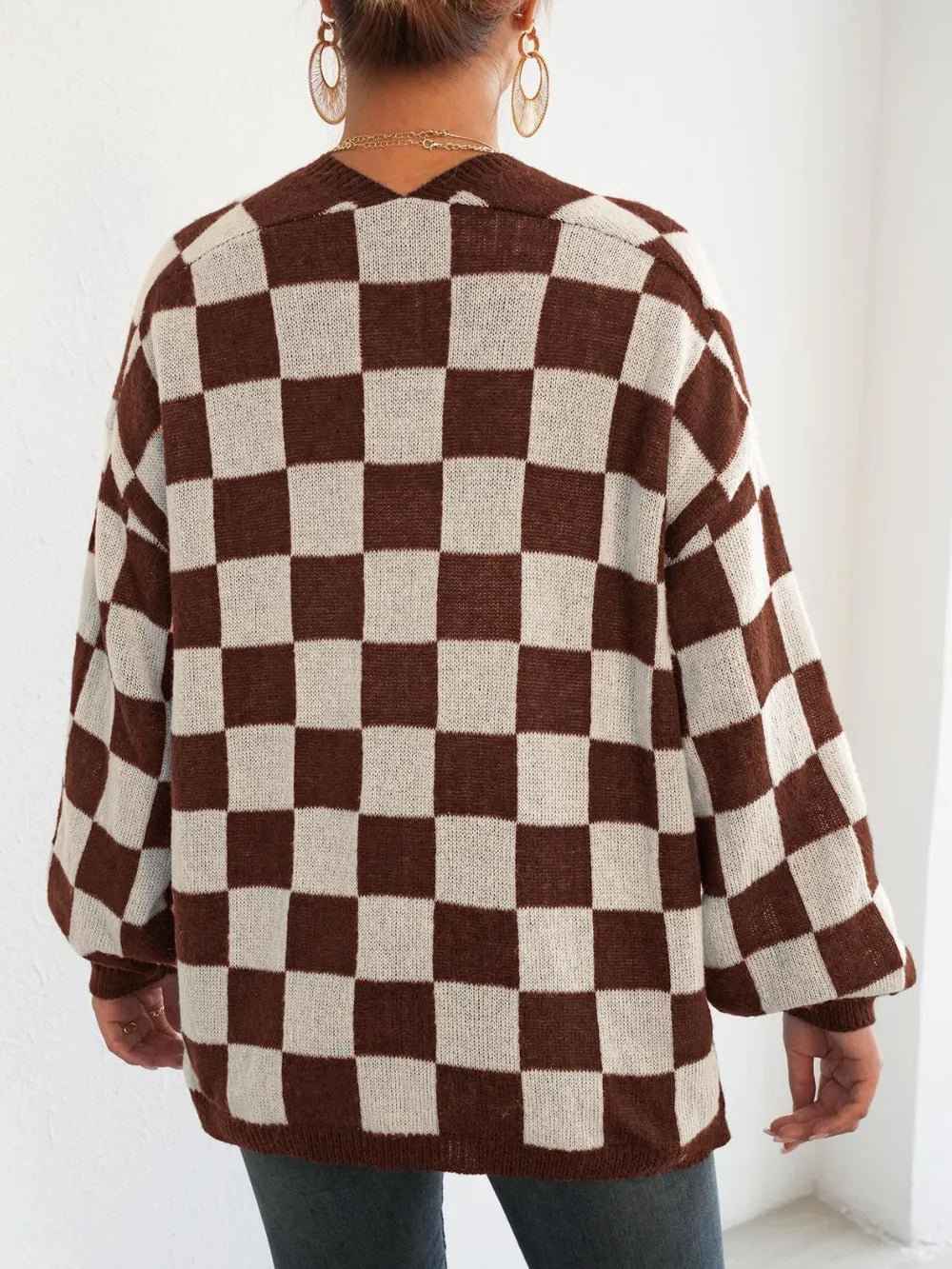 Checkered Open Front Long Sleeve Cardigan - Fashorio