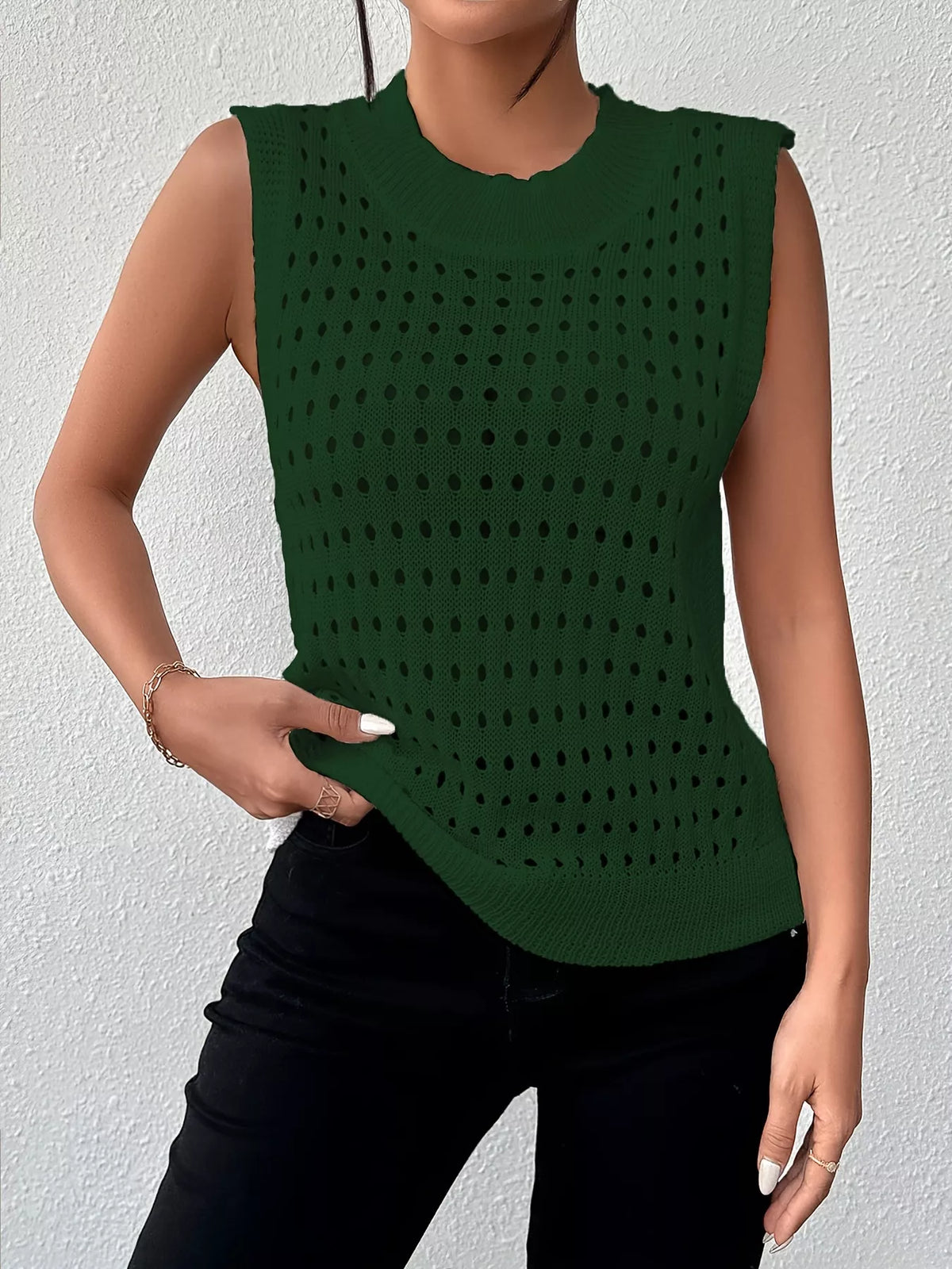 Openwork round neck knit tank close up fabric detail