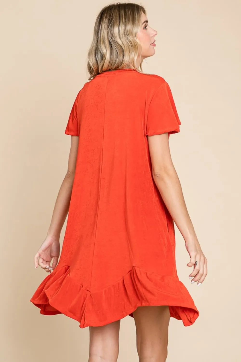Ruffled Asymmetric Hem Dress in Scarlet back view