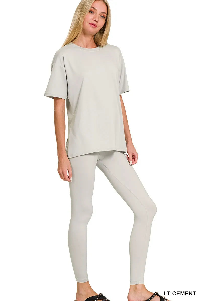 Microfiber short sleeve top and pants loungewear set in gray front view