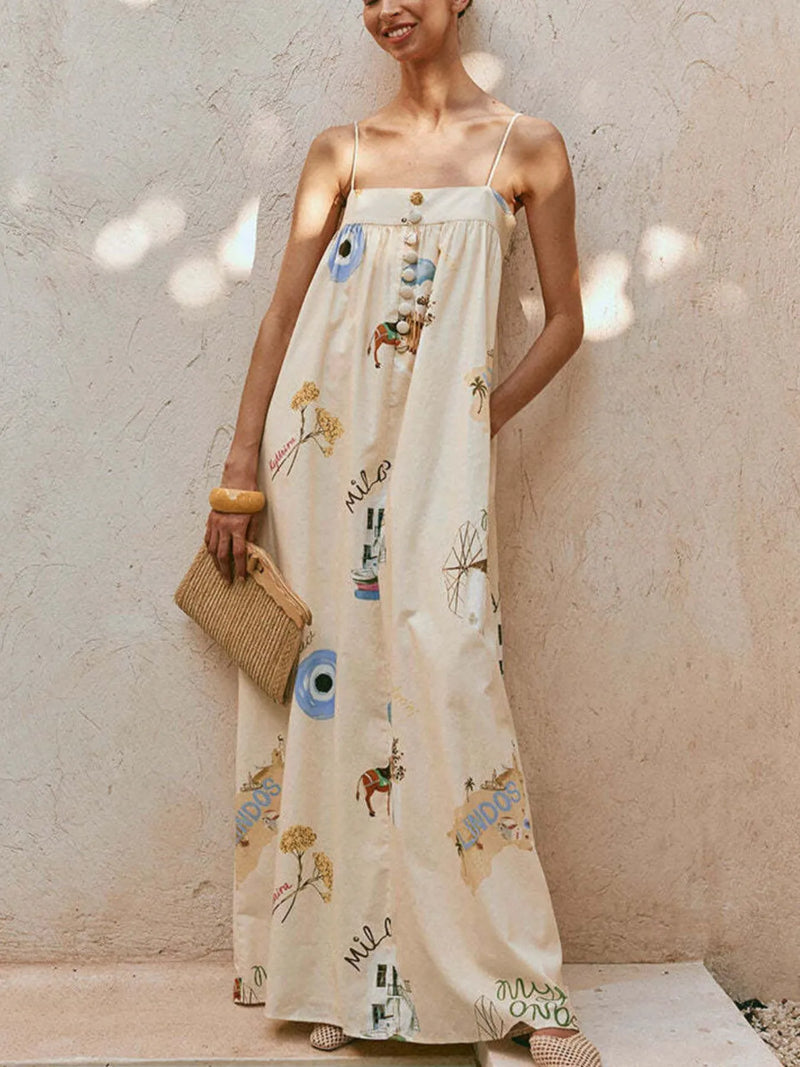 Bohemian print cami maxi dress with pockets front view