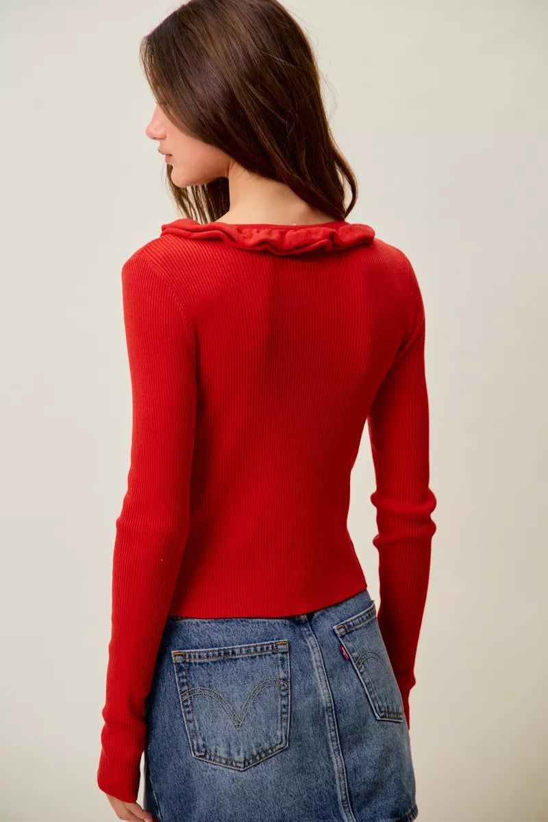 Cascade Ruffle Ribbed Knit Sweater Cardigan, view 30