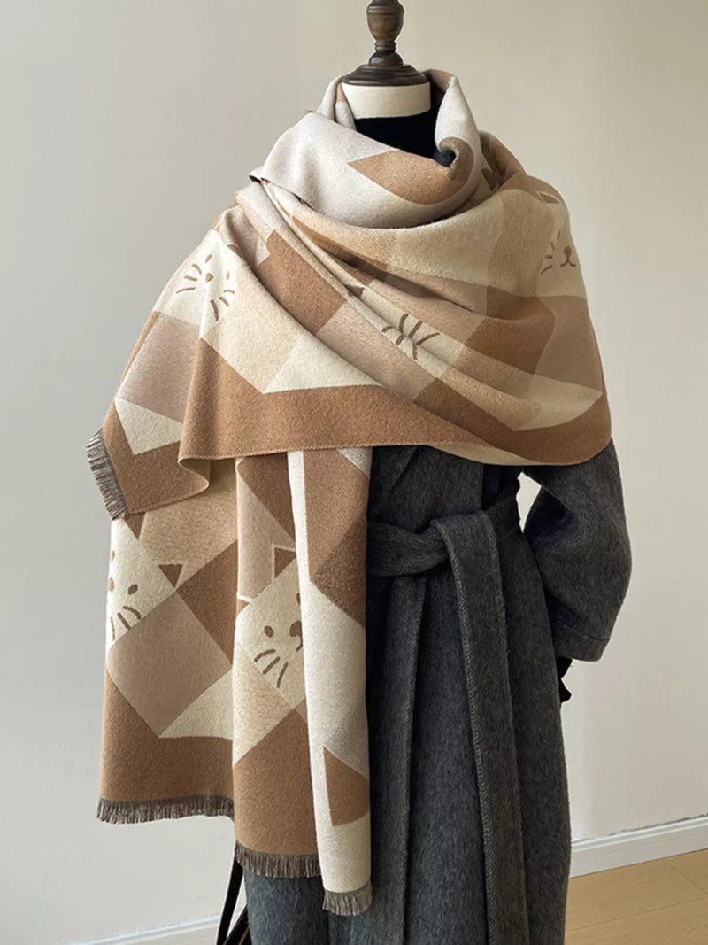 Cute cat plaid scarf with raw hem edges