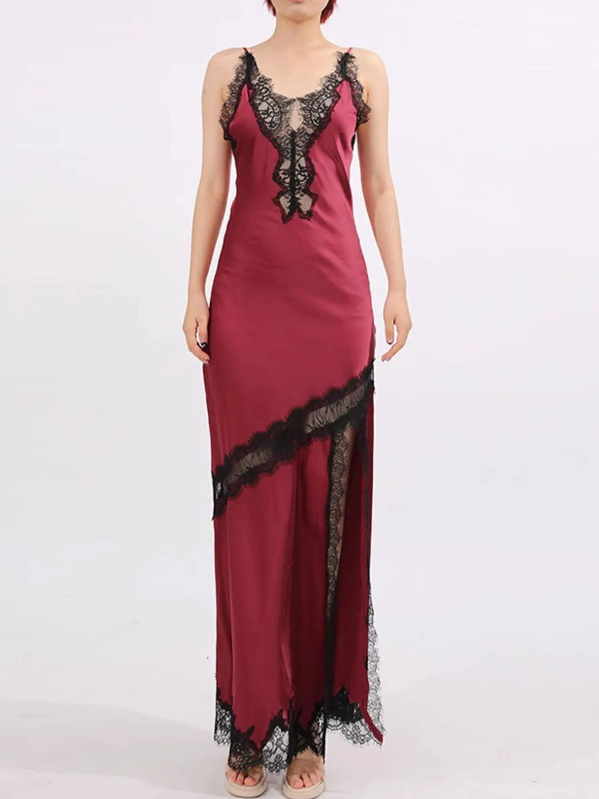 Burgundy slit lace detail maxi cami dress fabric and trim detail