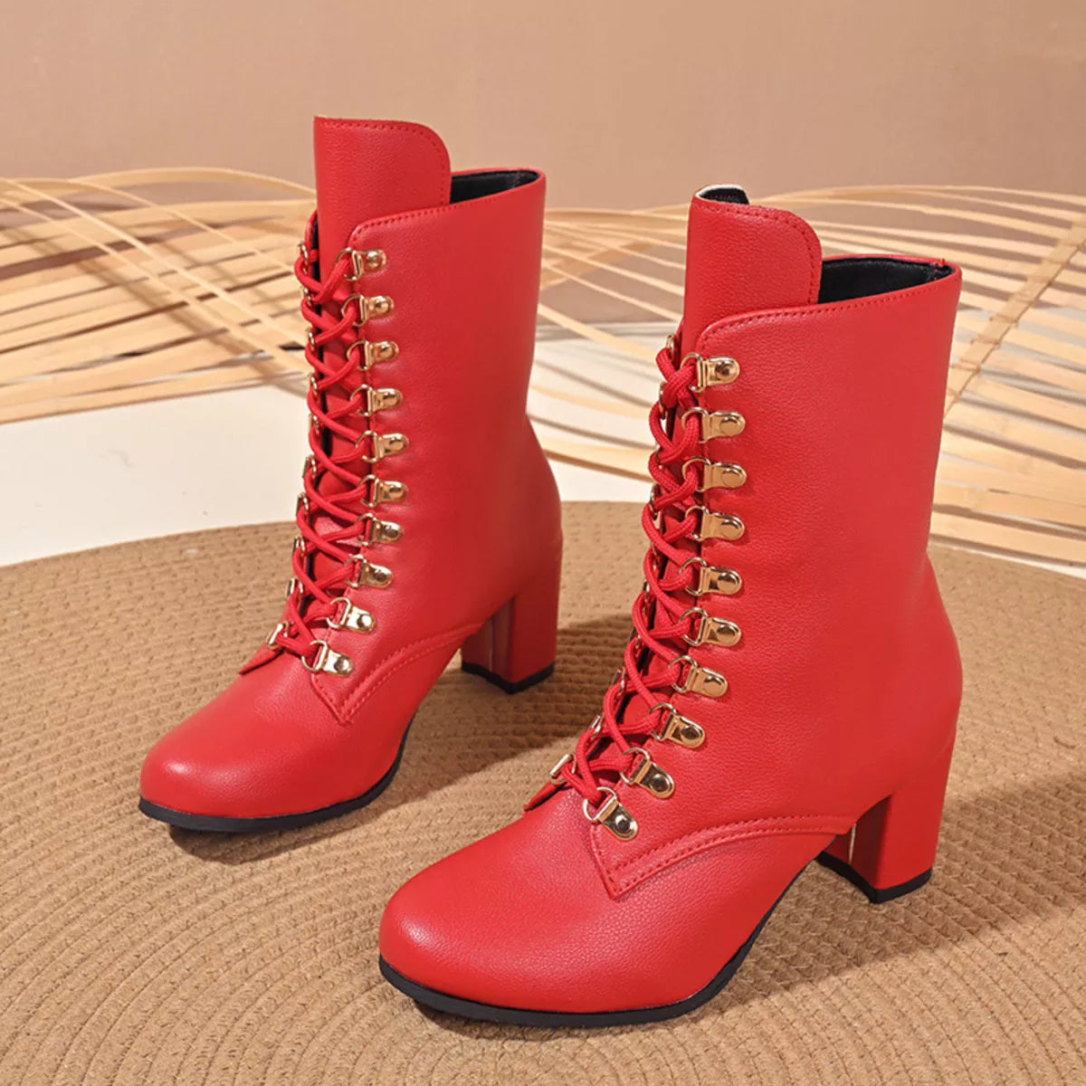 Lace up block heel boots front view