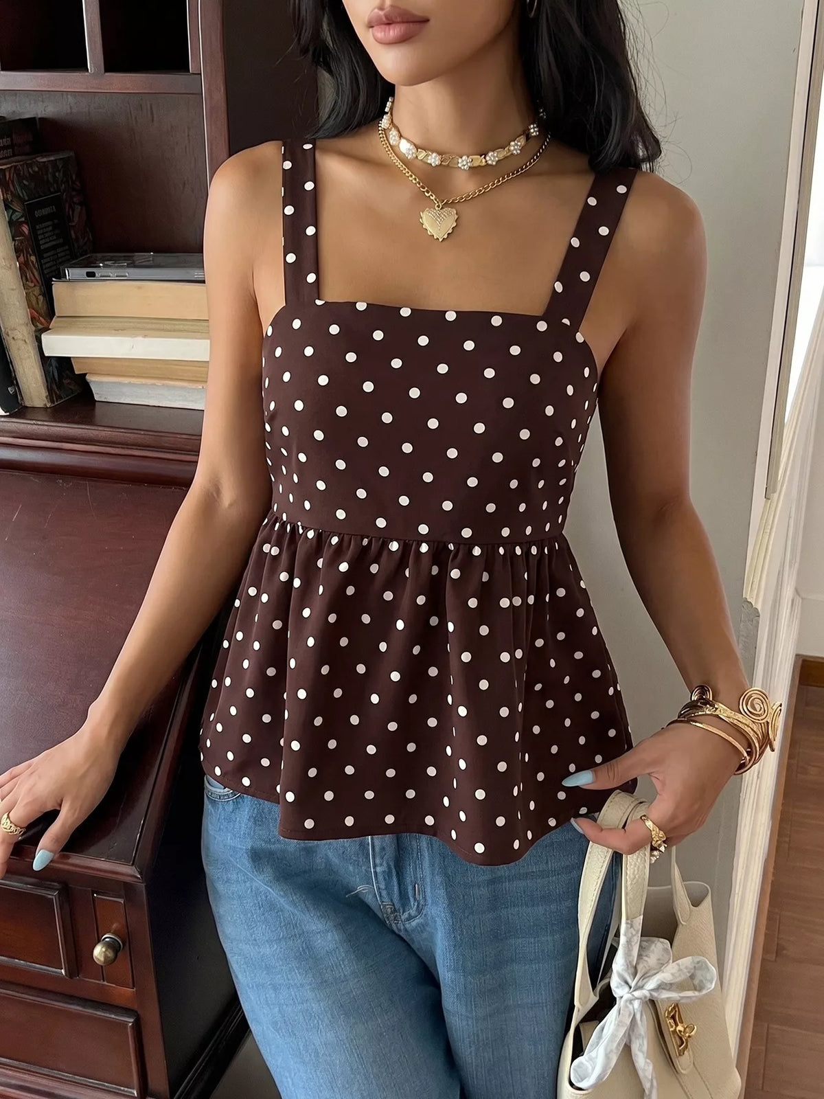 coffee brown polka dot tie back cami top front view